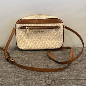 Michael Kors Crossbody Bag Signature MK Logo with Brown Leather Trim